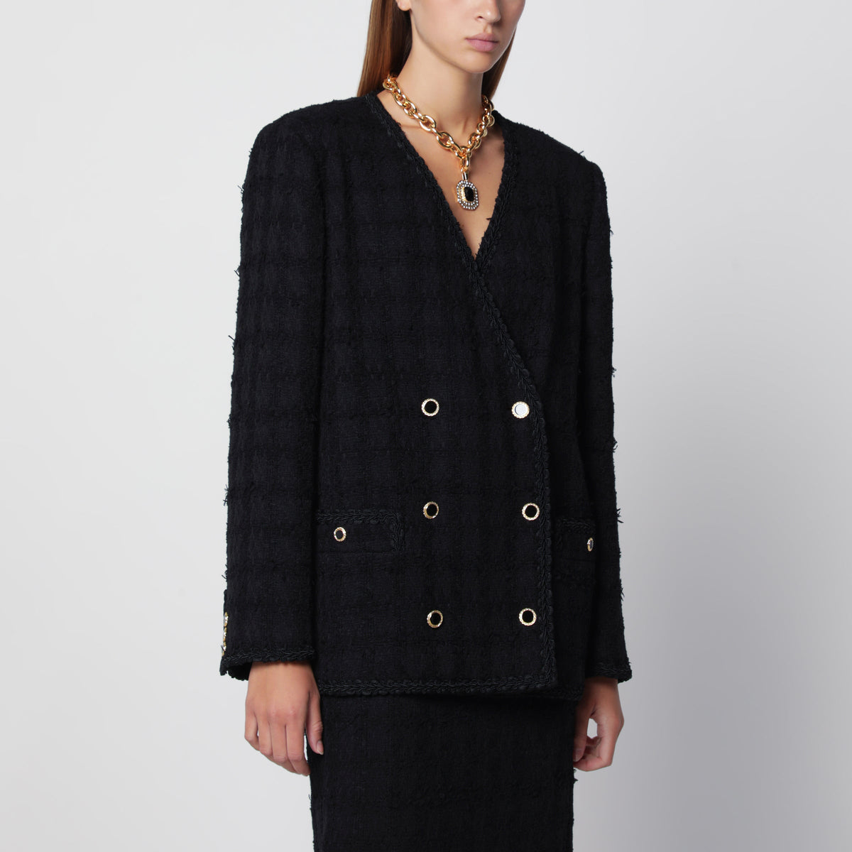 Alessandra Rich Black Double-Breasted Boucle Tweed Jacket Women ALESSANDRA RICH