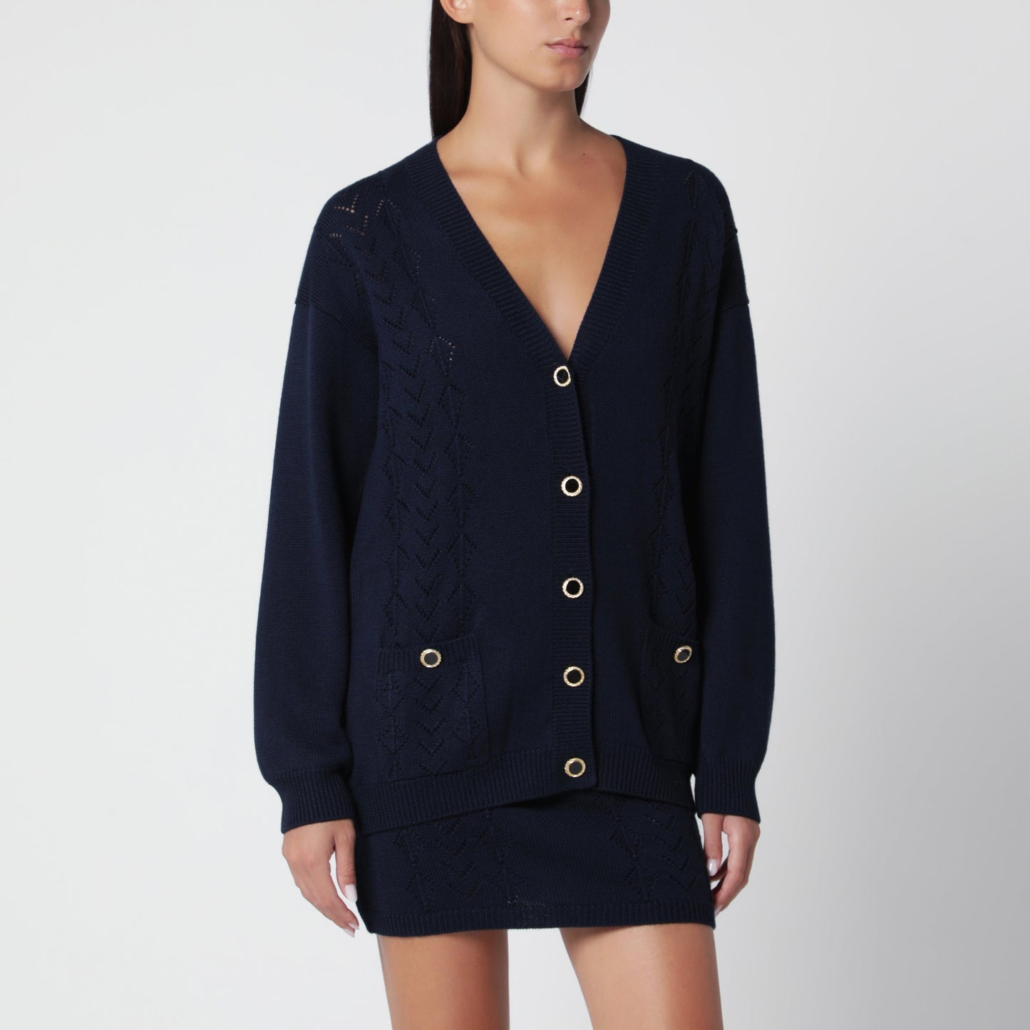 Alessandra Rich Navy Blue Merino Wool Knit Cardigan Women ALESSANDRA RICH