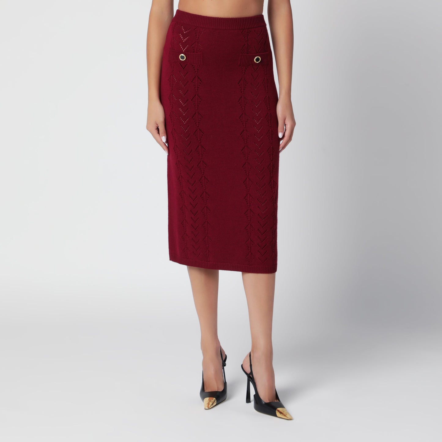 Alessandra Rich Bordeaux Merino Wool Lace Knit Midi Skirt Women ALESSANDRA RICH