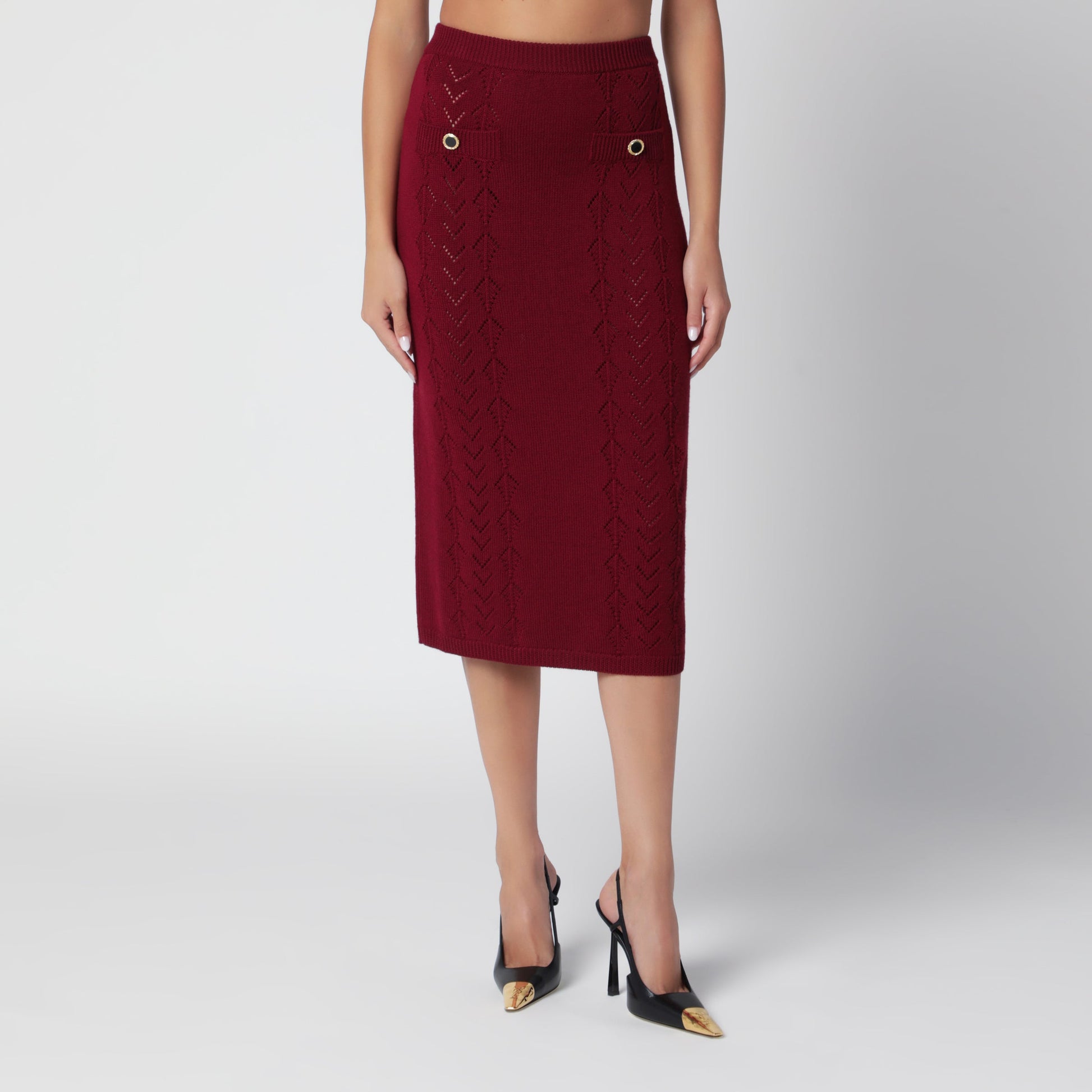Alessandra Rich Bordeaux Merino Wool Lace Knit Midi Skirt Women ALESSANDRA RICH