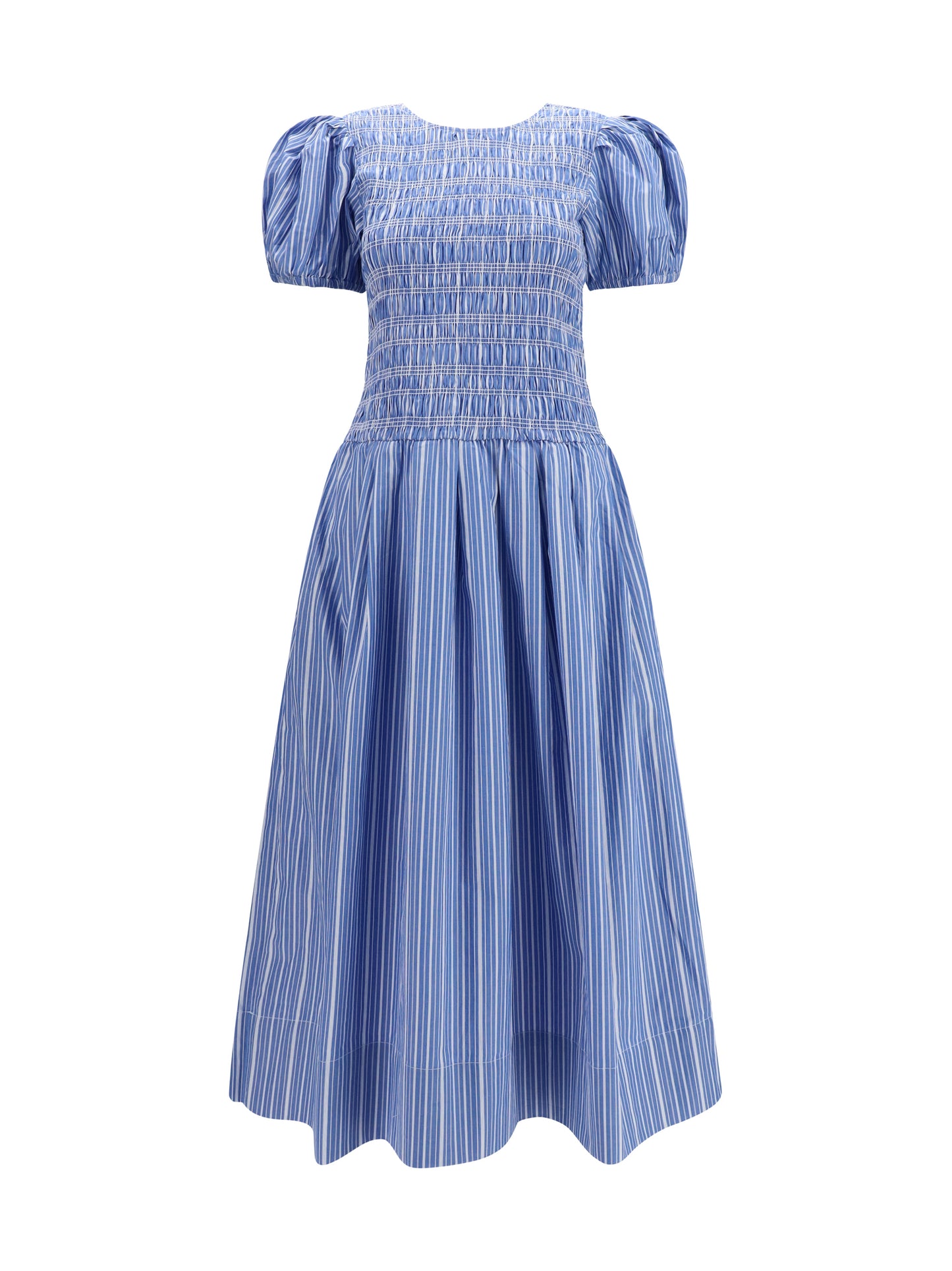 Ganni Women Striped Cotton Dress With Puff Sleeves GANNI