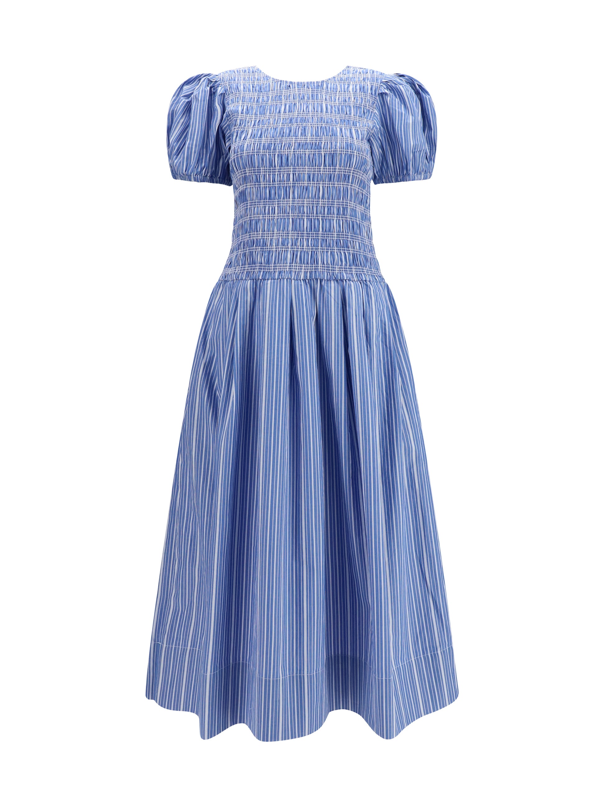 Ganni Women Striped Cotton Dress With Puff Sleeves GANNI