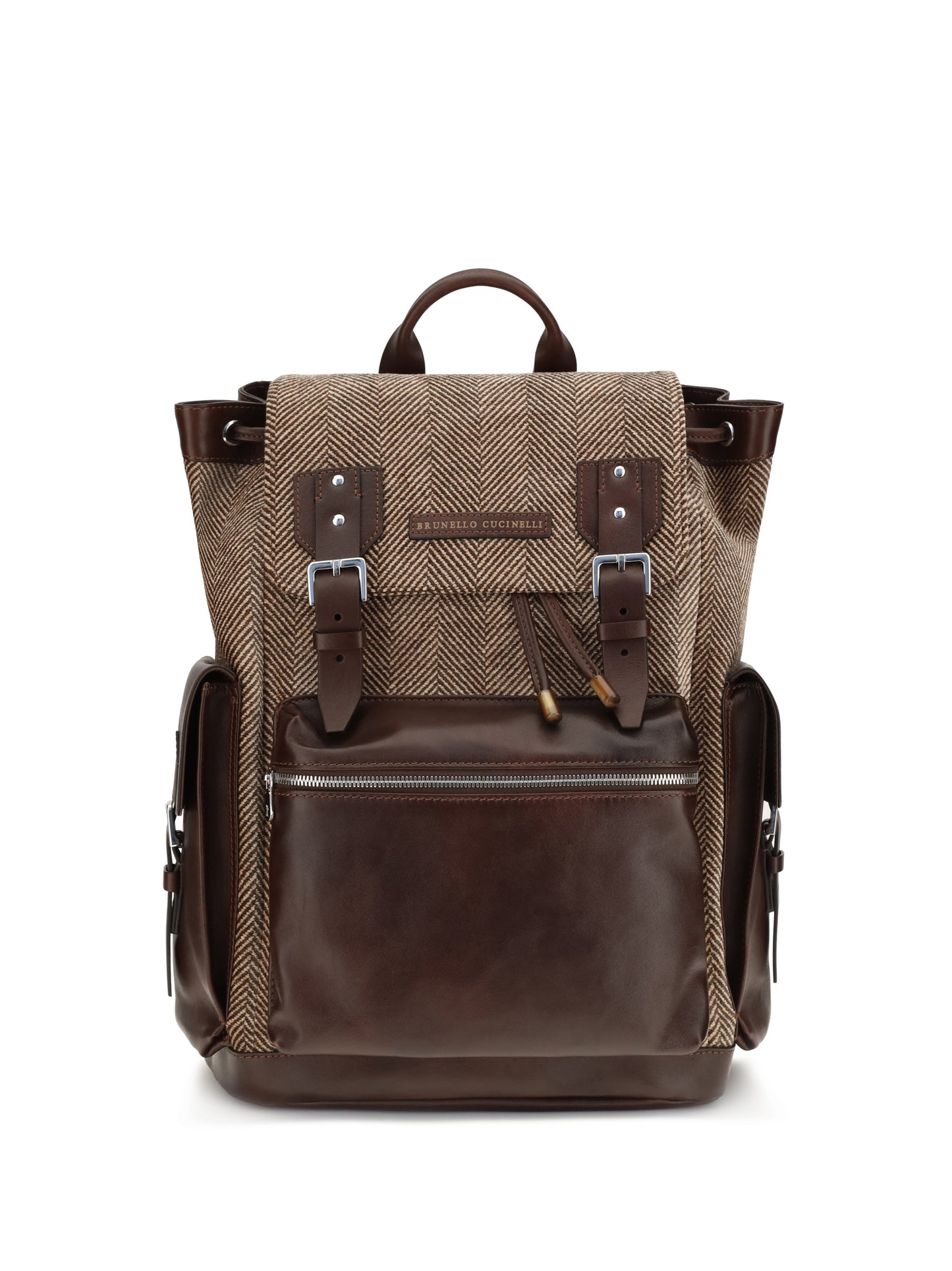 Brunello Cucinelli Men Herringbone Pattern Backpack With Leather Details BRUNELLO CUCINELLI