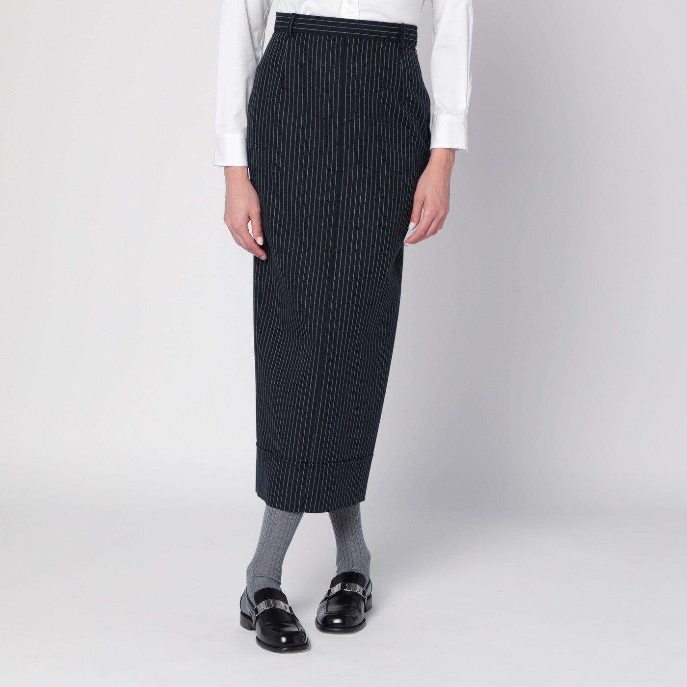 Thom Browne Navy Blue Pinstriped Pencil Skirt Women THOM BROWNE
