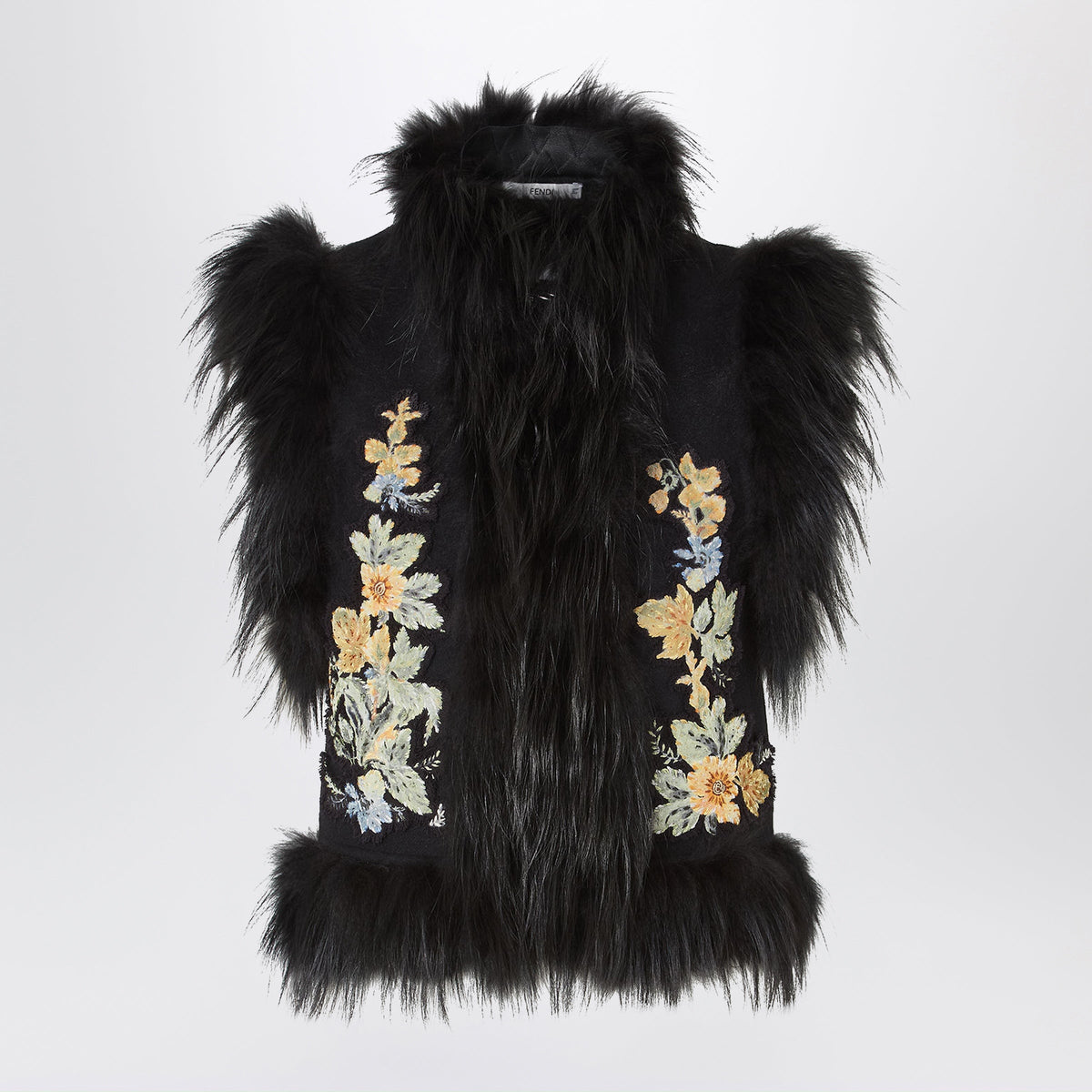 Fendi Black Wool Waistcoat With Embroidery And Fox Fur Trim Women FENDI