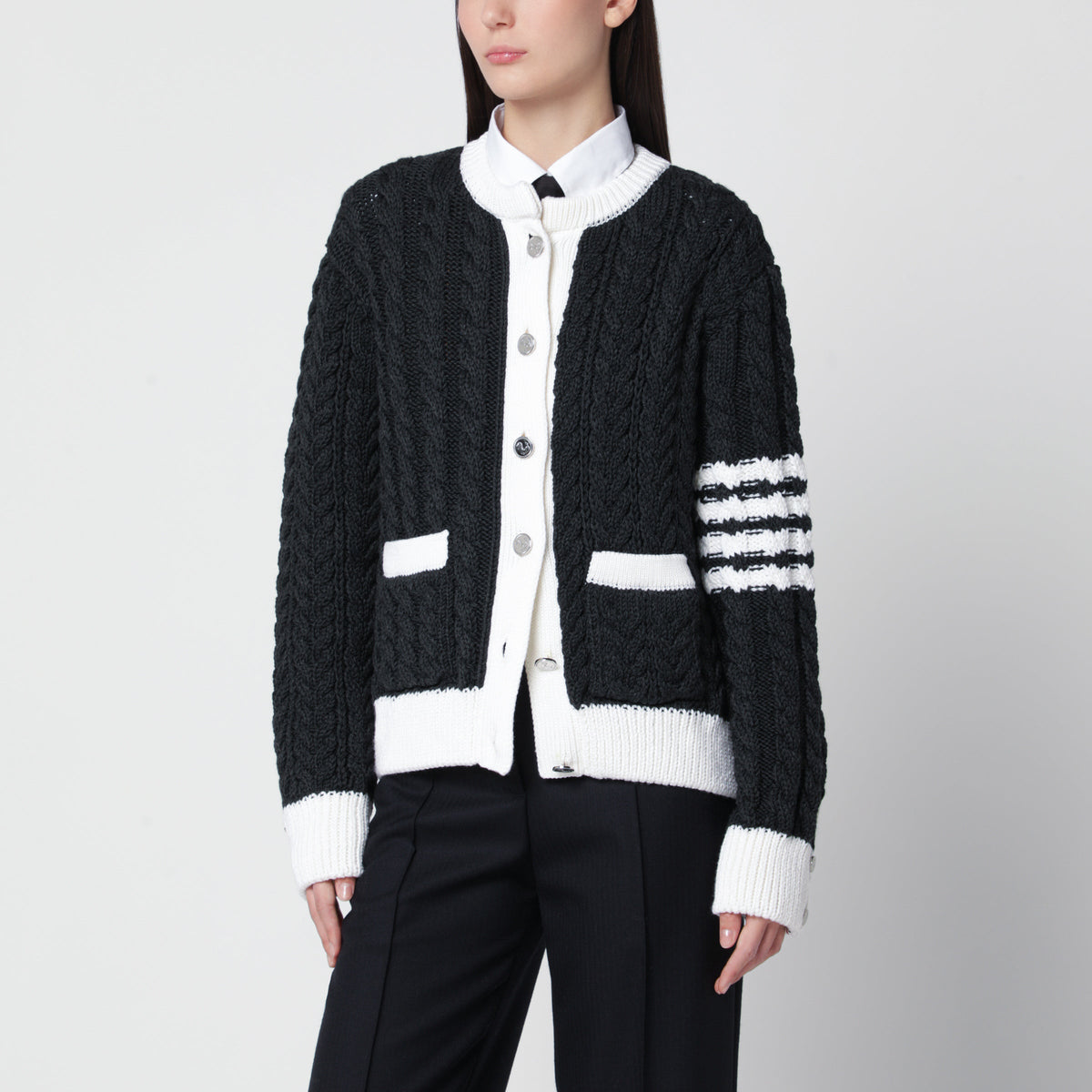 Thom Browne Dark Grey Cable-Knit Cardigan In Wool Women THOM BROWNE