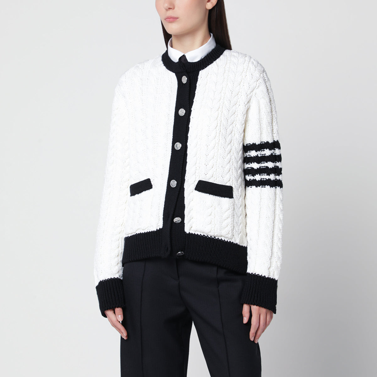Thom Browne White Cable-Knit Cardigan In Wool Women THOM BROWNE