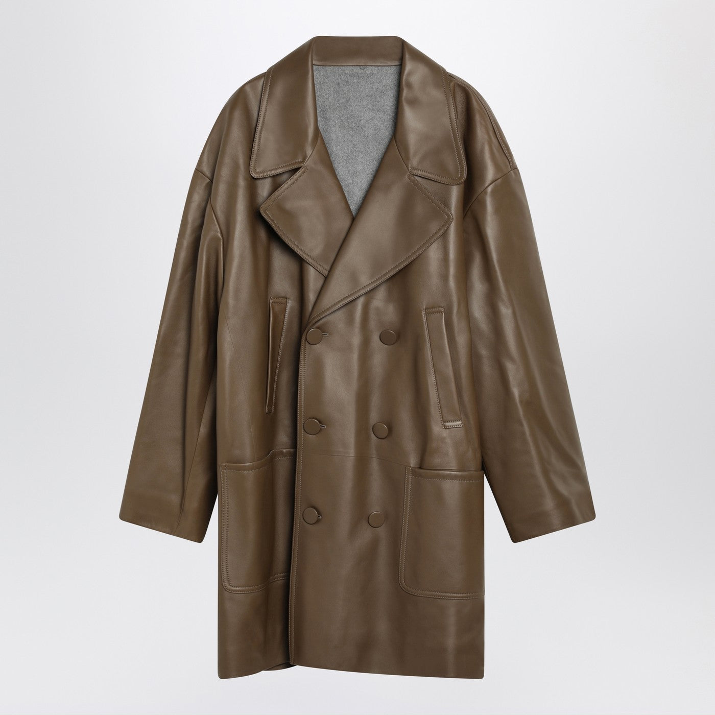 Fendi Double-Breasted Pea Coat In Dark Beige Nappa Leather Men FENDI