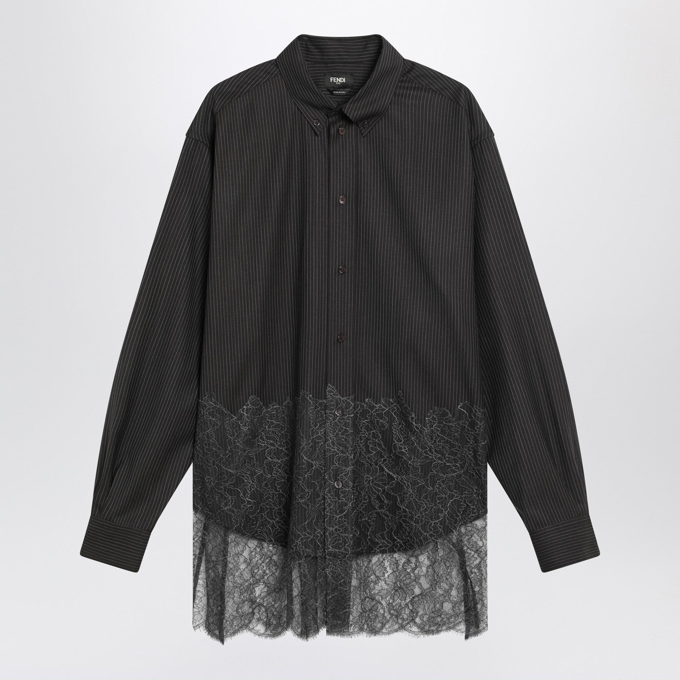 Fendi Espresso Pinstriped Wool Shirt With Lace Men FENDI