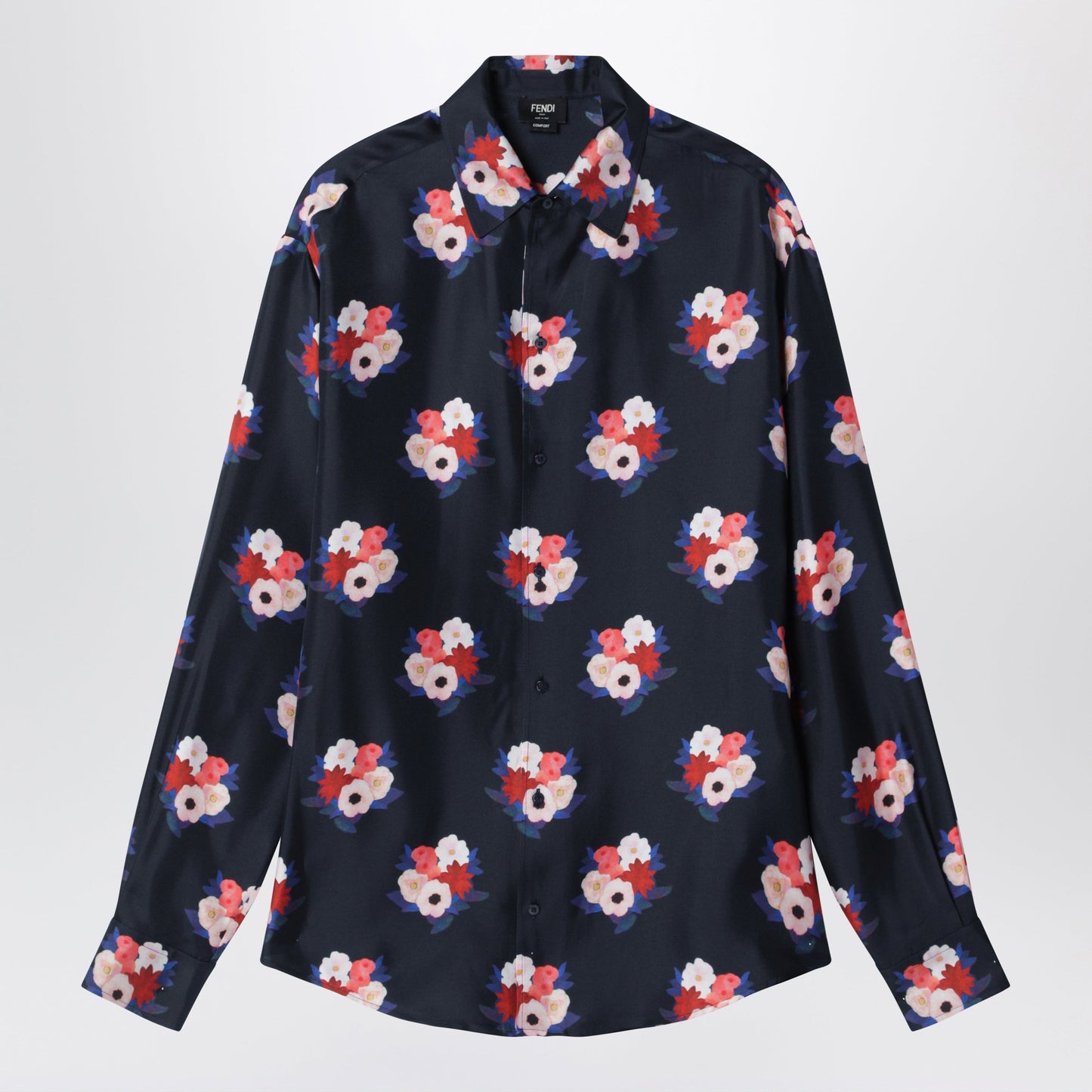 Fendi Dark Blue Satin Shirt With Floral Print Men FENDI