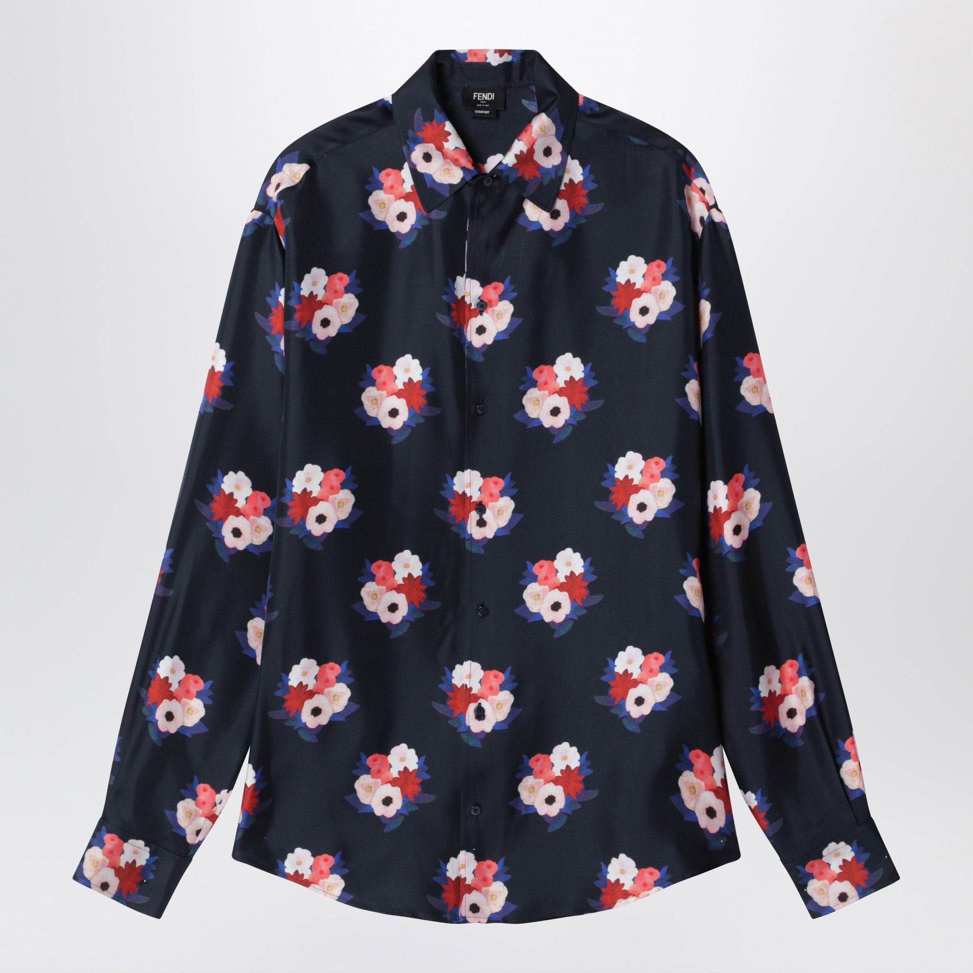 Fendi Dark Blue Satin Shirt With Floral Print Men FENDI