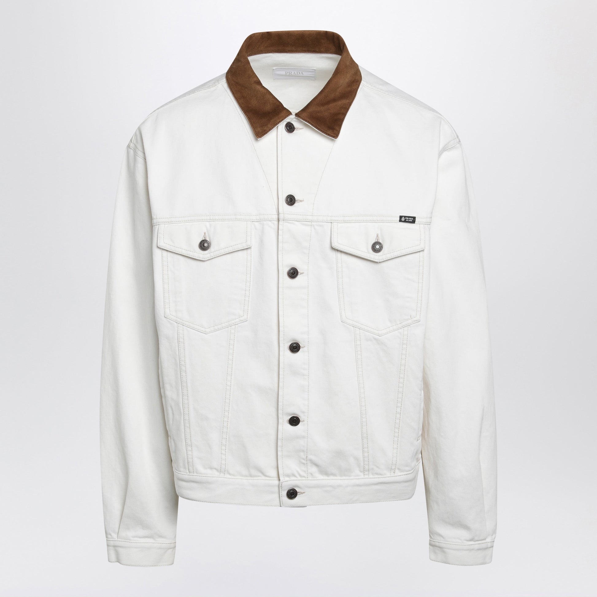 Prada White Old Denim Jacket With Leather Details Men PRADA