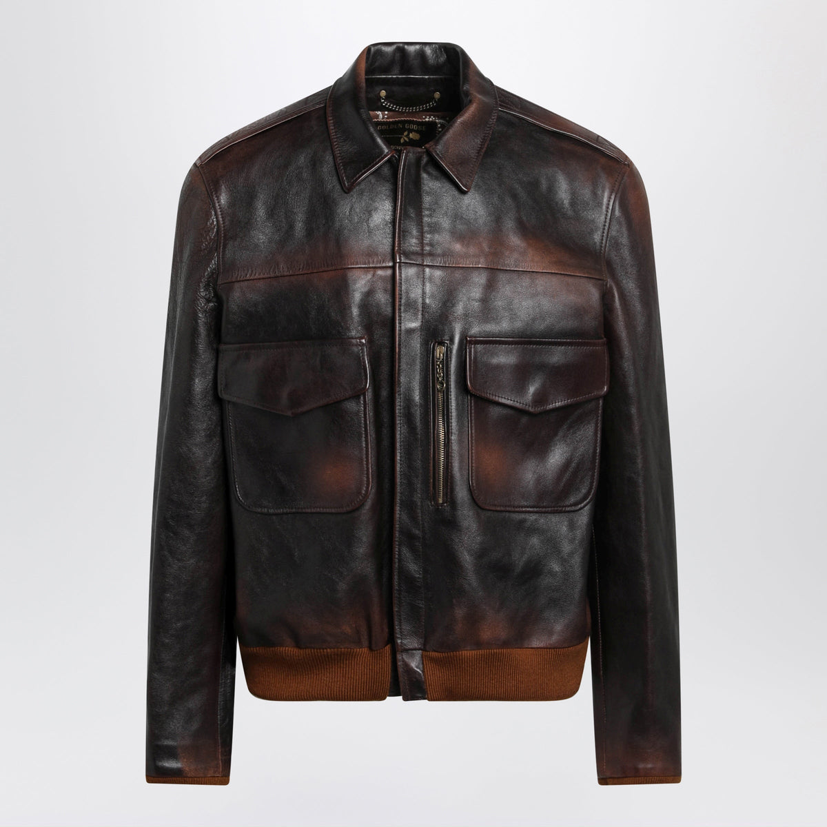 Golden Goose Brown Vintage-Effect Leather Bomber Jacket Men GOLDEN GOOSE