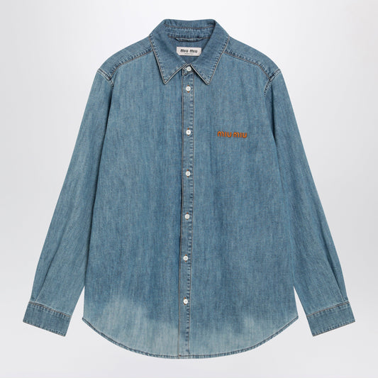 Miu Miu Bleached Cotton Chambray Shirt In Light Blue Women