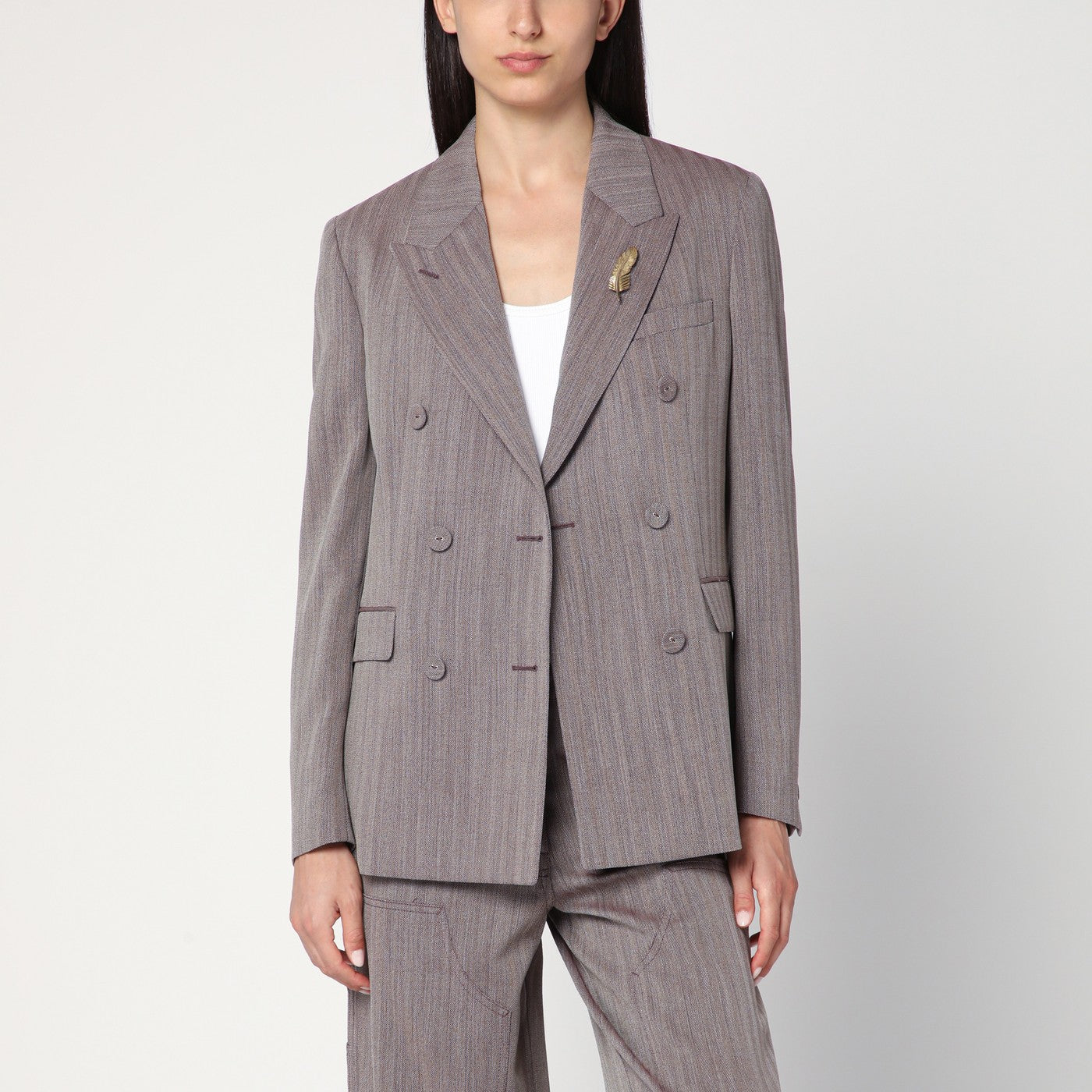 Golden Goose Light Brown Double-Breasted Jacket In Chevron Wool Blend Women GOLDEN GOOSE