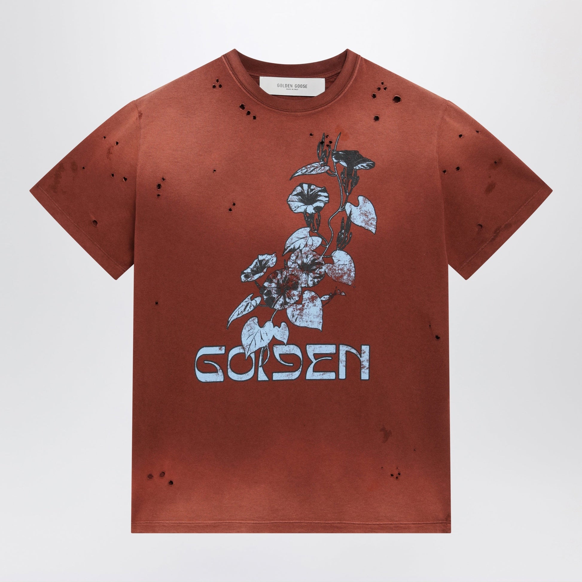 Golden Goose Rust-Colored Cotton T-Shirt With Floral Print Women GOLDEN GOOSE