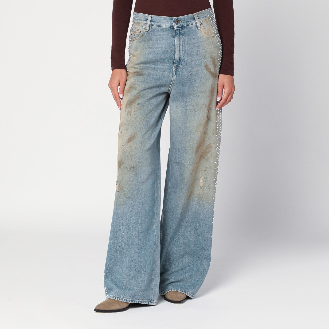 Golden Goose Wide Light Blue Jeans, Sand-Wash Distressed Effect Women GOLDEN GOOSE