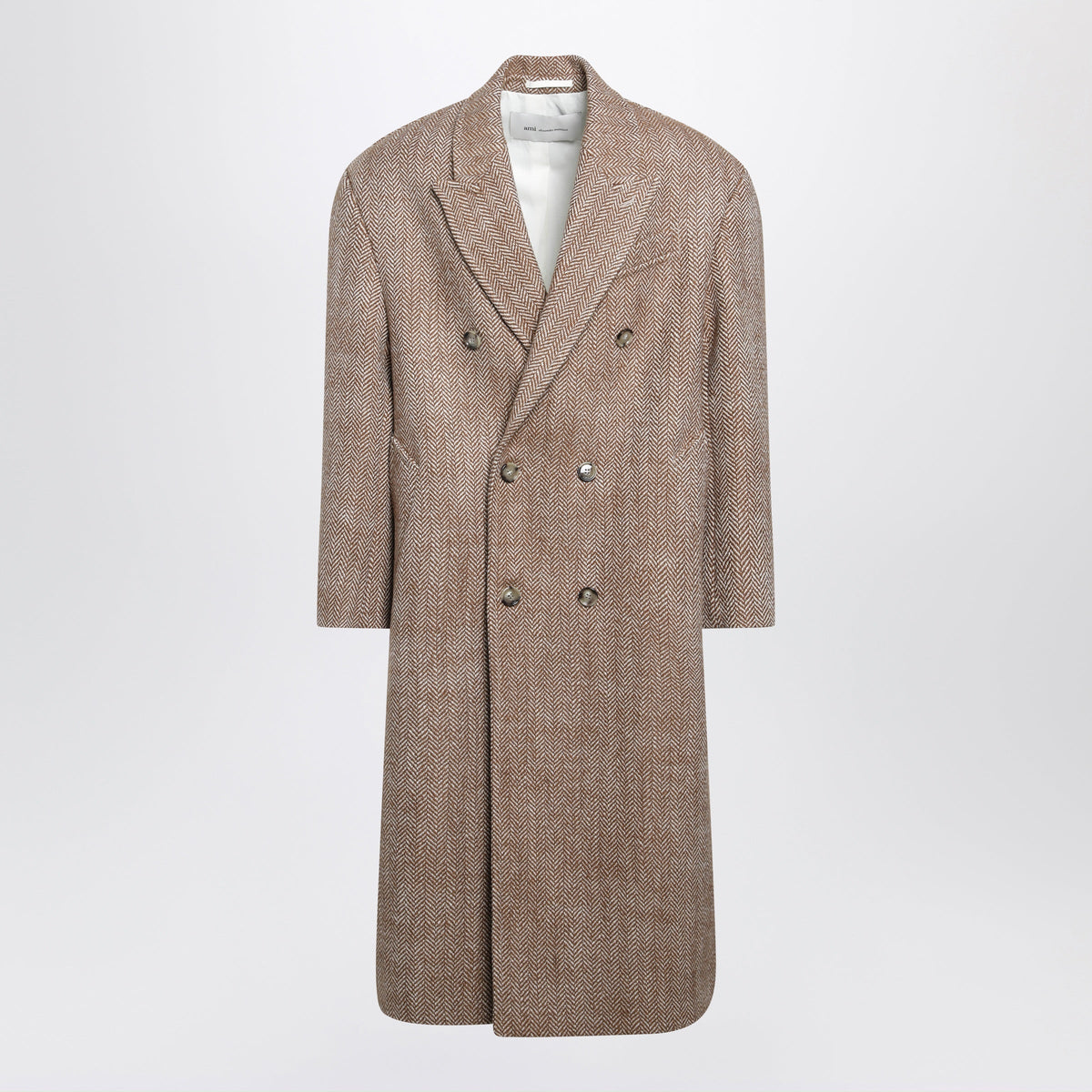 Ami Paris Long Brown And Ivory Herringbone Wool Coat Men AMI PARIS