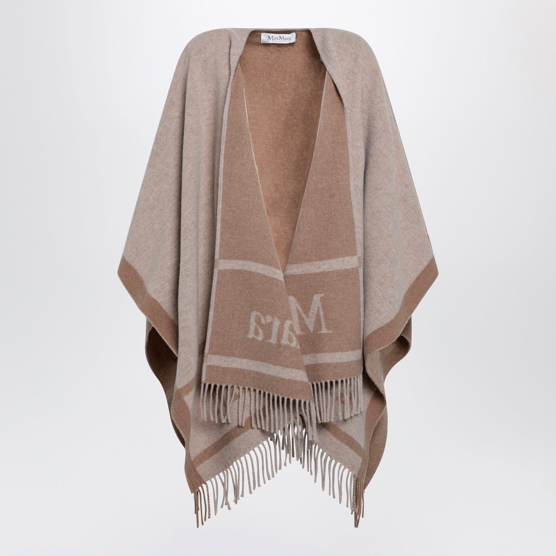 Max Mara Jacquard Poncho With Fringes In Sand-Colored Wool Women MAX MARA