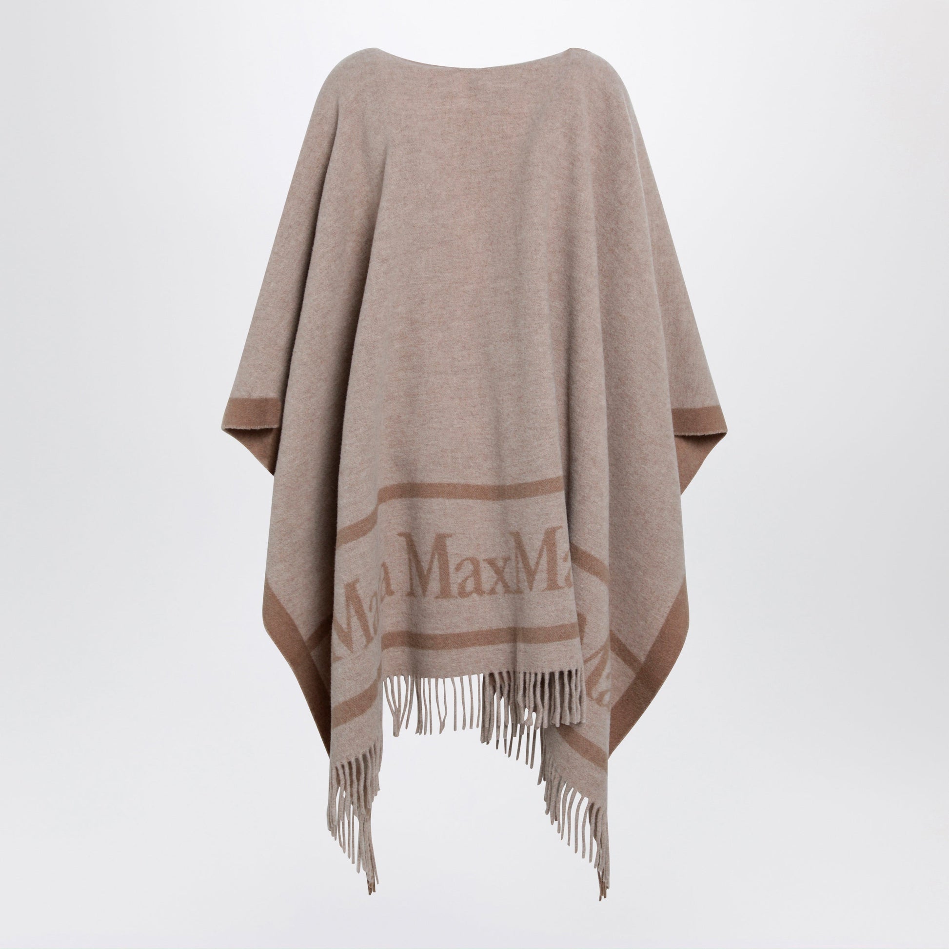 Max Mara Jacquard Poncho With Fringes In Sand-Colored Wool Women MAX MARA