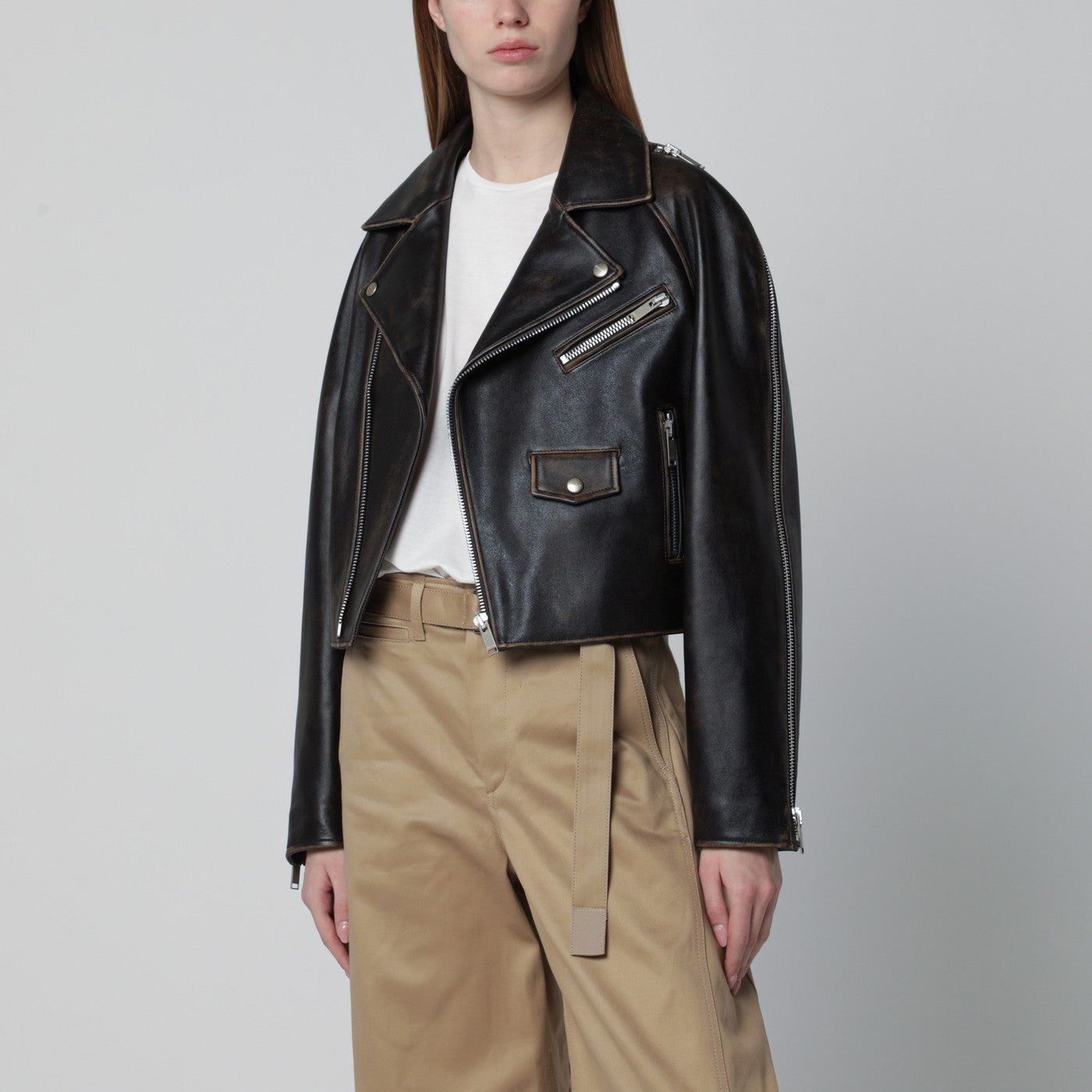 Halfboy Oversized Dark Brown Leather Biker Jacket Women HALFBOY