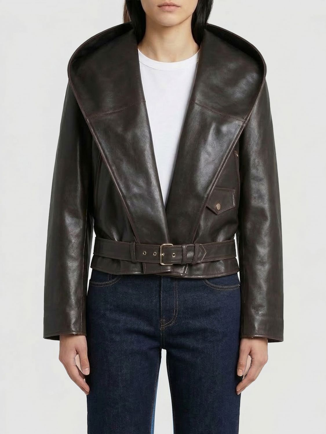AlaiA Women Leather Hooded Jacket AlaiA ALAIA
