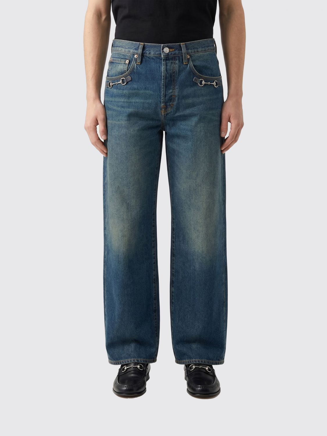 Cotton Denim Wide Leg Jeans With Horsebit Gucci GUCCI