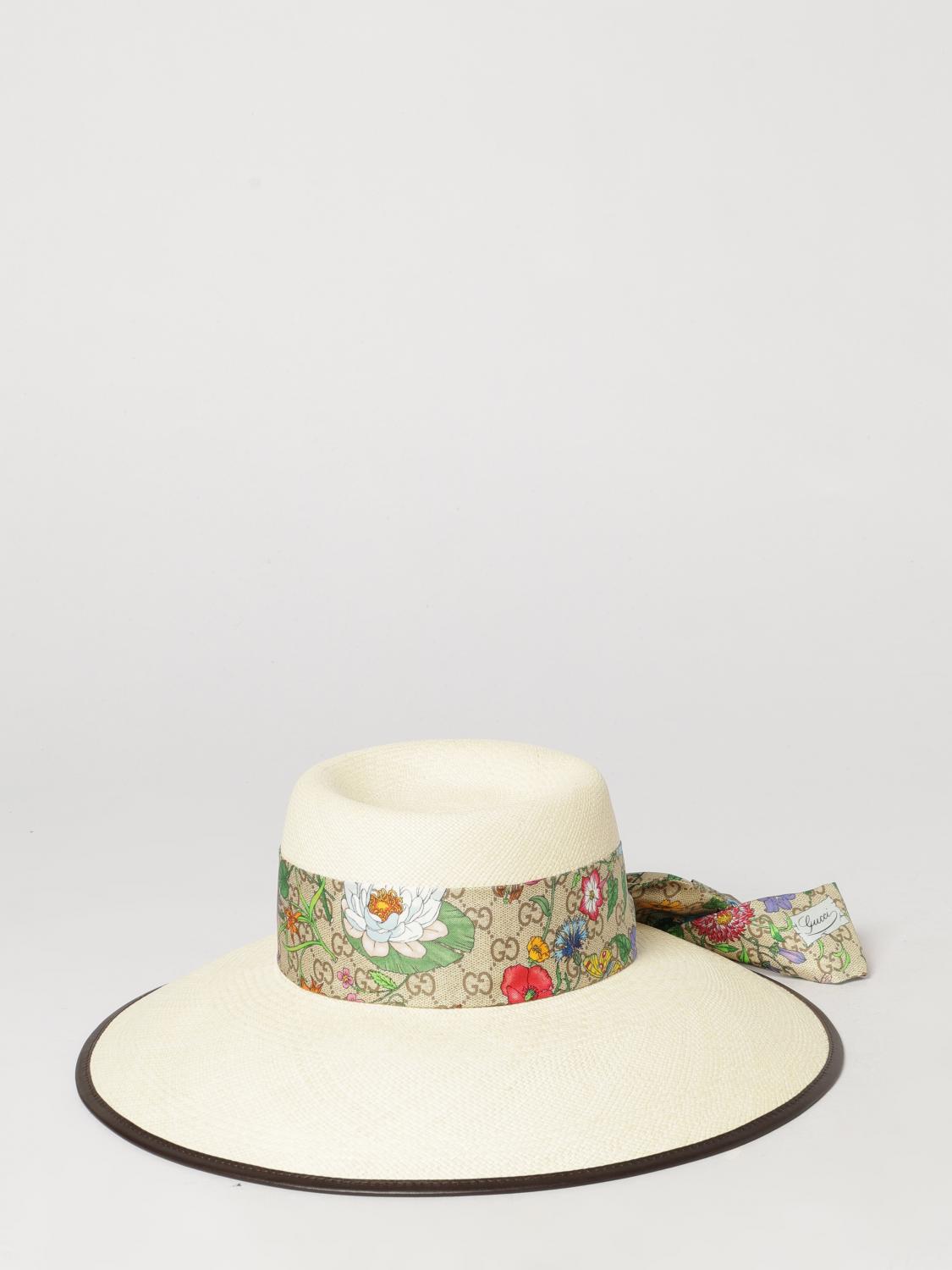 Raffia Panama Hat Gucci With Floral Silk Twill Band GUCCI