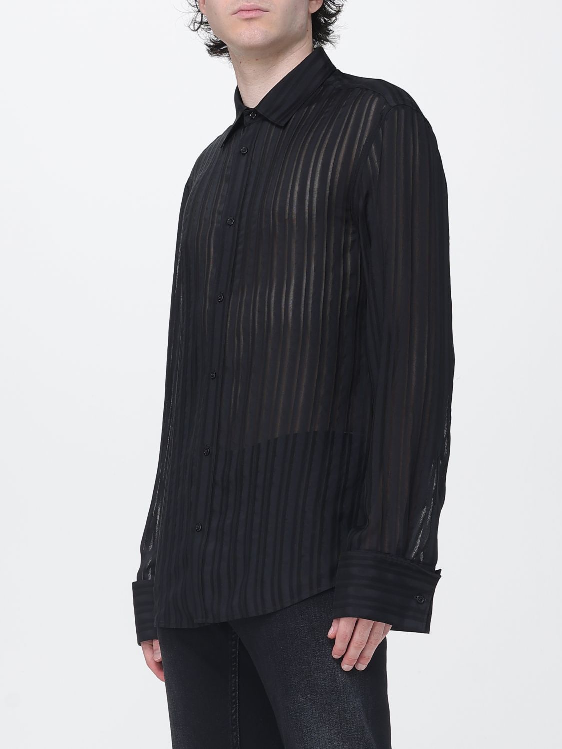 Gucci Men Gucci Long-Sleeved Silk Shirt With French Collar And Curved Hem GUCCI