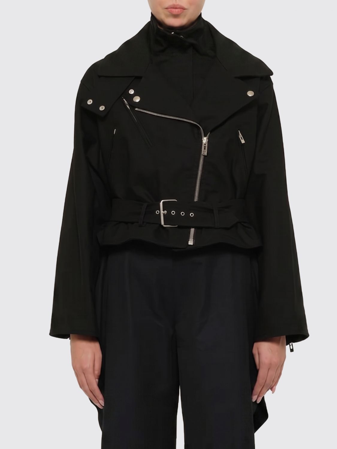 AlaiA Women AlaiA Cropped Cotton Biker Jacket With Adjustable Waist Belt ALAIA