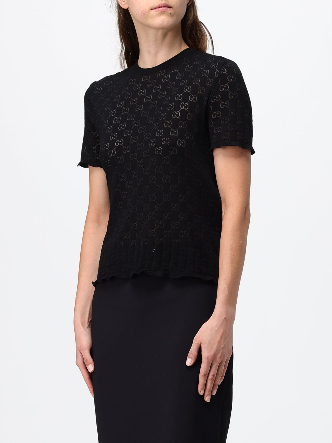 Gucci Women Gucci Slim Fit Cotton Knit Top With Jacquard Gg Monogram GUCCI