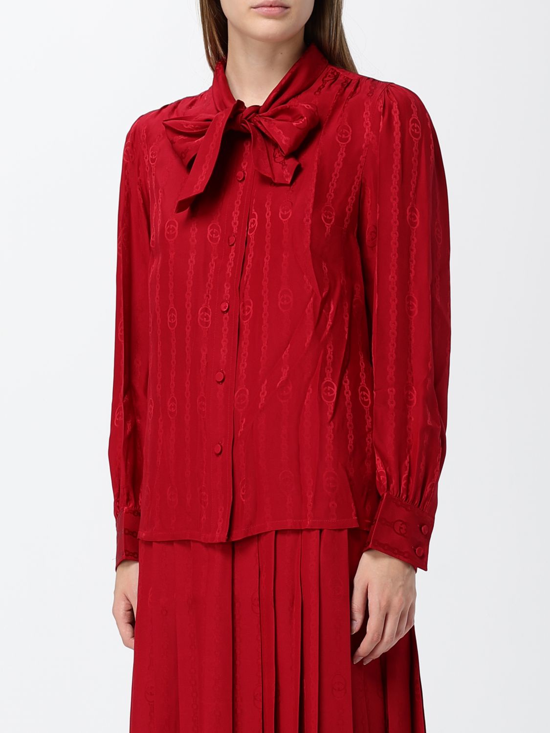 Gucci Women Gucci Red Pure Silk Pussy-Bow Blouse GUCCI