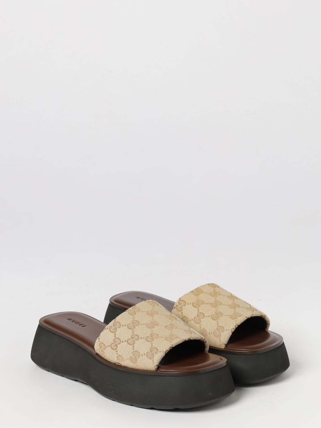 Gucci Low Wedge Sandals In Cotton Blend With Gg Monogram GUCCI