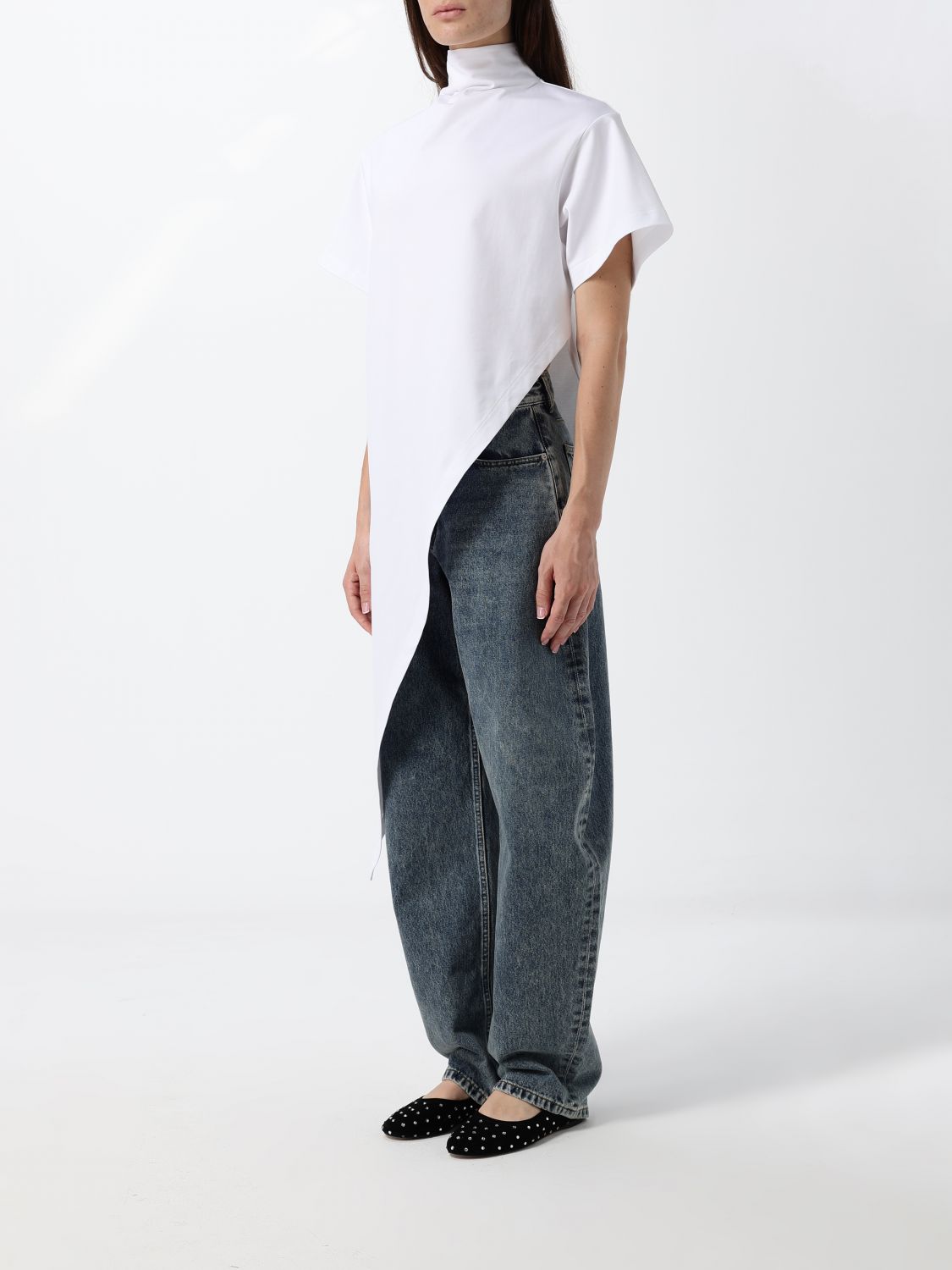 Alai�A Women Alaia Asymmetrical Draped Cotton Jersey Turtleneck Top ALAIA