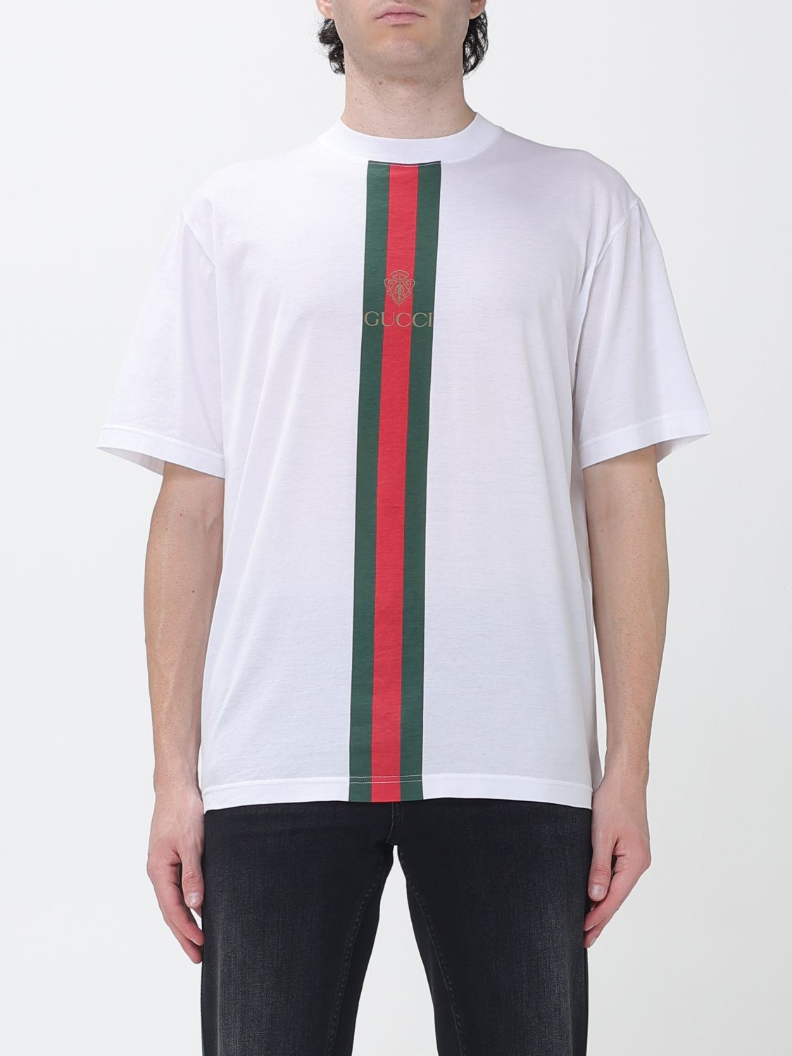 Striped Cotton Gucci T-Shirt With Web Detail And Dropped Shoulders GUCCI