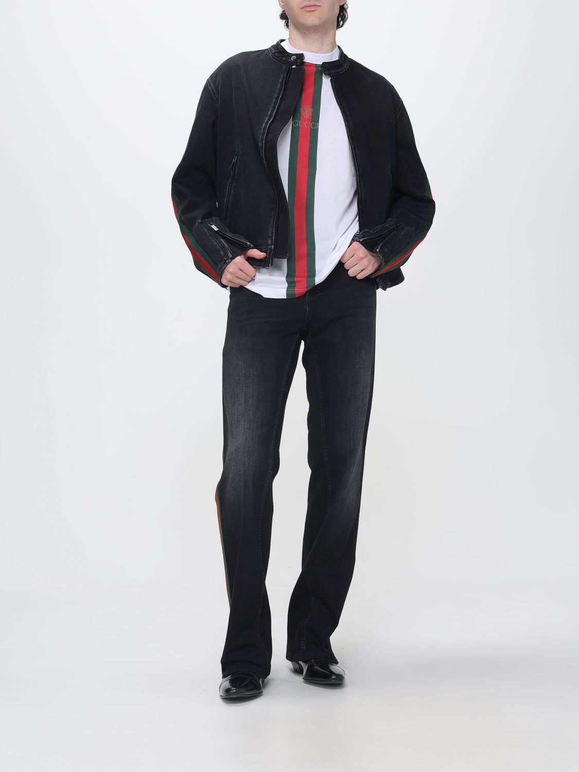 Striped Cotton Gucci T-Shirt With Web Detail And Dropped Shoulders GUCCI