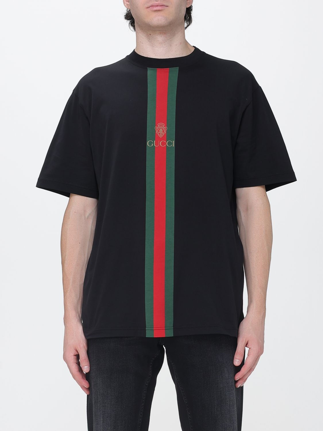 Striped Cotton Gucci T-Shirt With Web Detail And Dropped Shoulders GUCCI