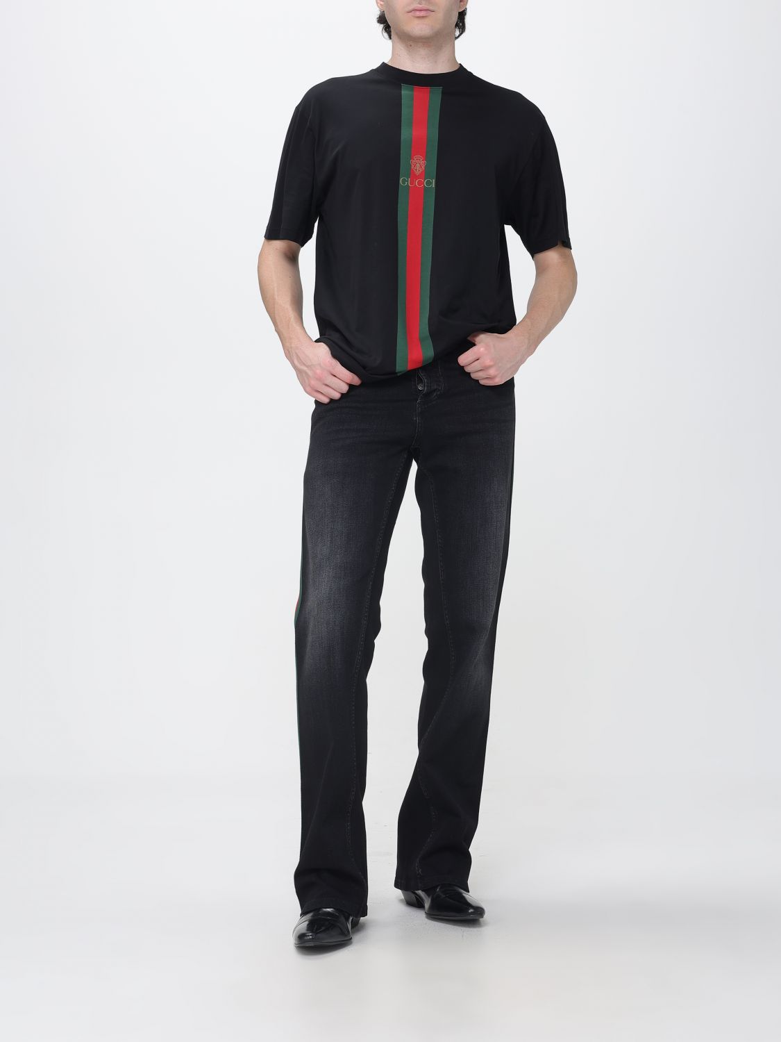 Striped Cotton Gucci T-Shirt With Web Detail And Dropped Shoulders GUCCI