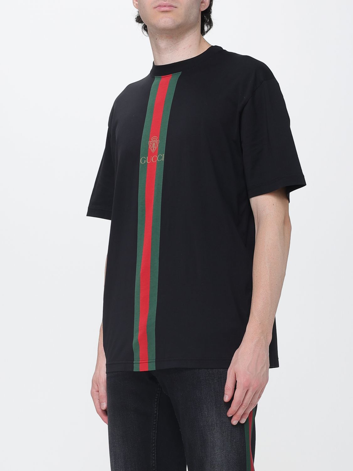 Gucci Men Striped Cotton Gucci T-Shirt With Web Detail And Dropped Shoulders GUCCI