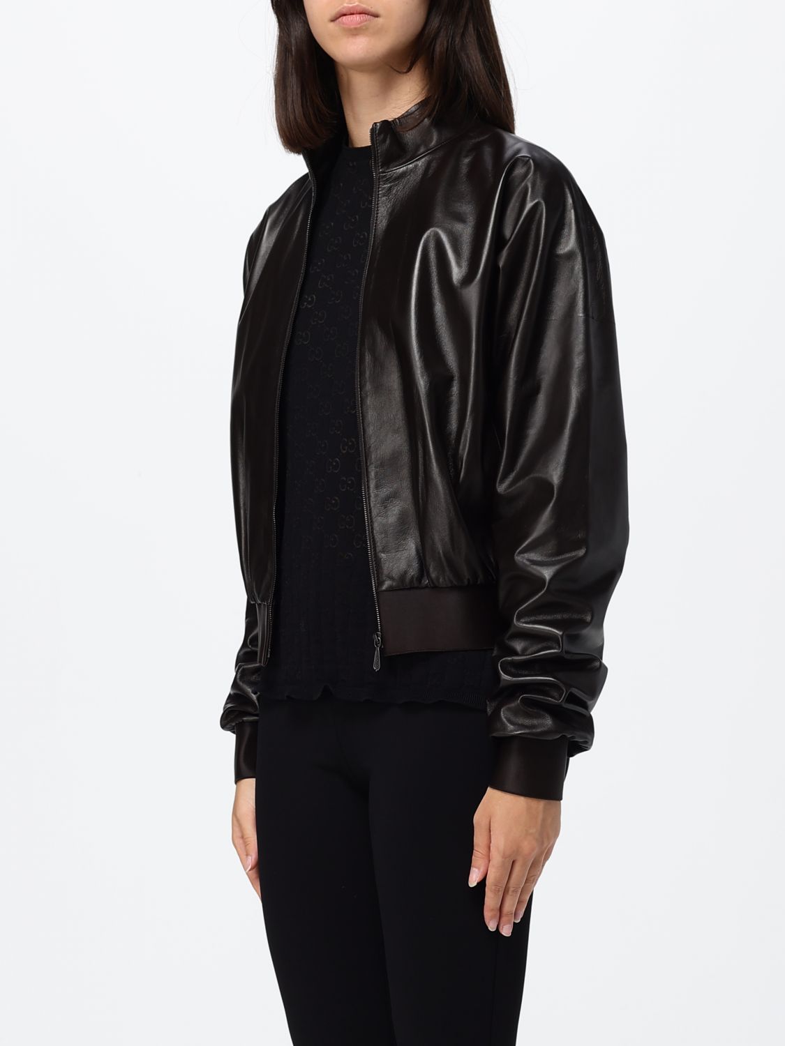 Gucci Women Nappa Leather Bomber Jacket Gucci With High Collar And Zip Closure GUCCI