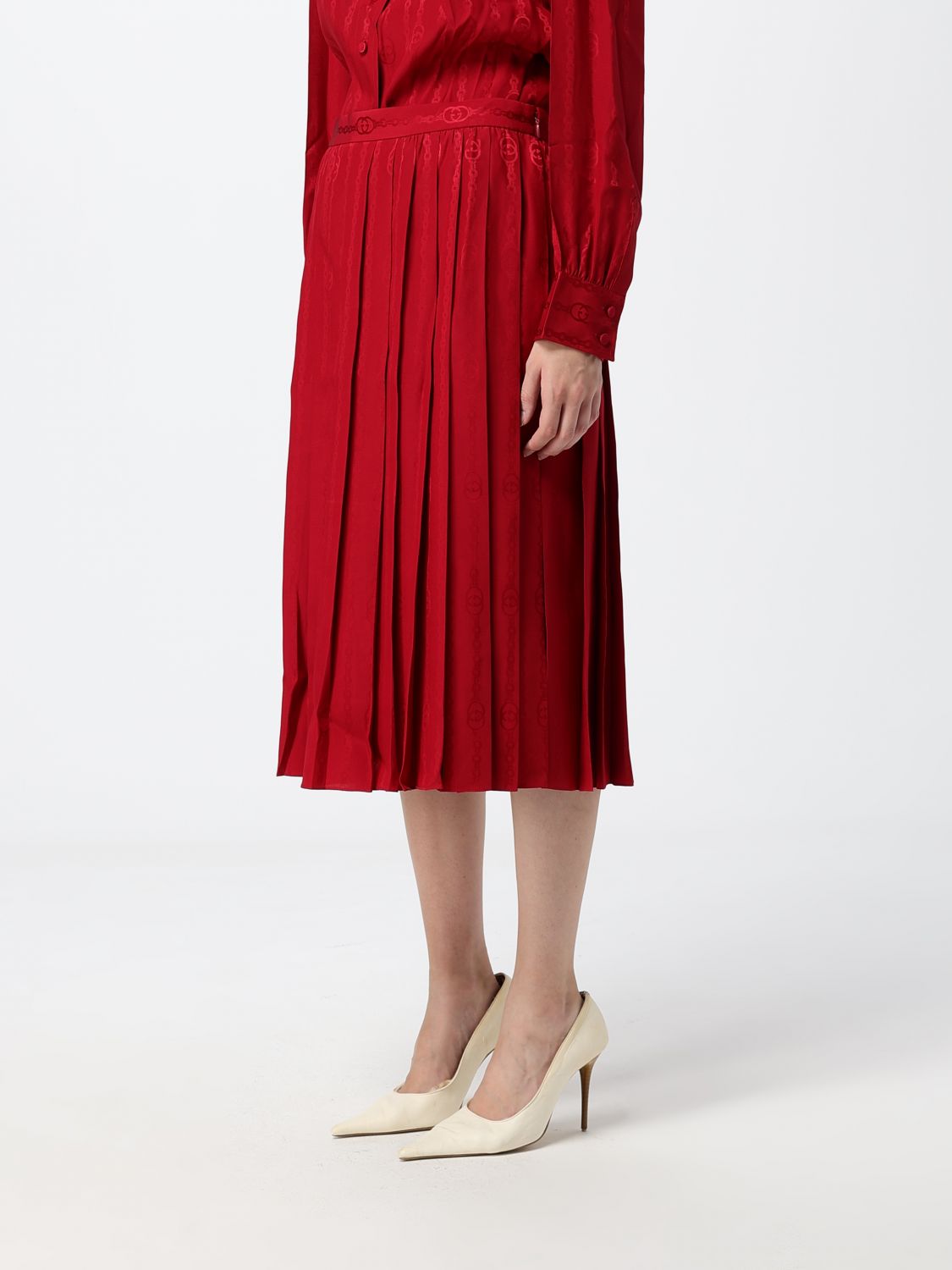 Gucci Women High-Waisted Pleated Silk Midi Skirt Gucci With Gg Monogram And Side Slit GUCCI