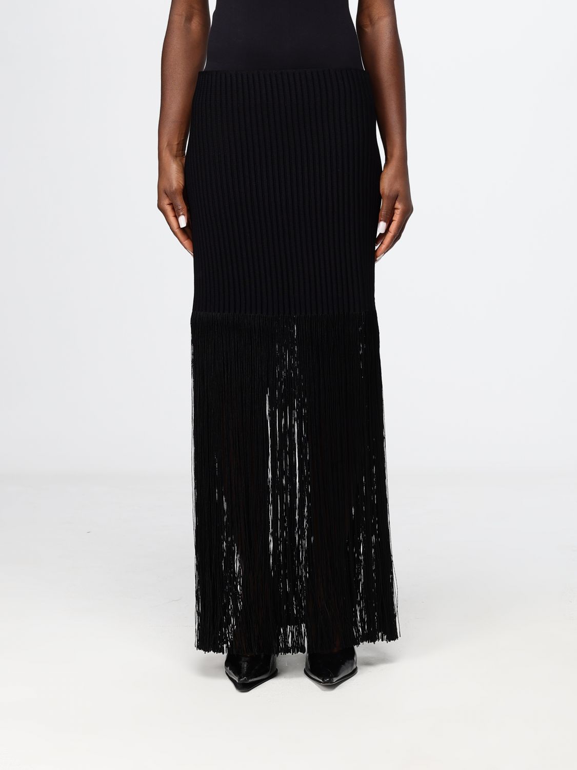 Alai�A Women High-Waisted Ribbed-Knit Pencil Maxi Skirt Alaia With Fringes ALAIA