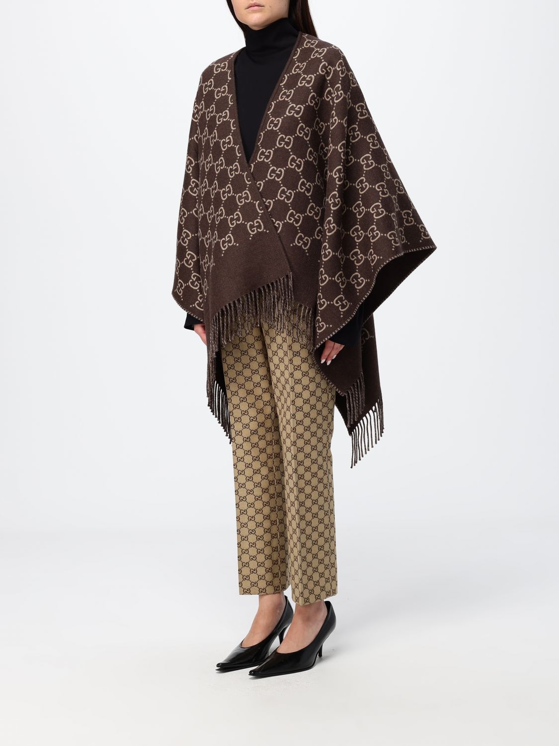 Gucci Women Asymmetric Wool Cape Gucci With All-Over Gg Motif And Fringed Hem GUCCI