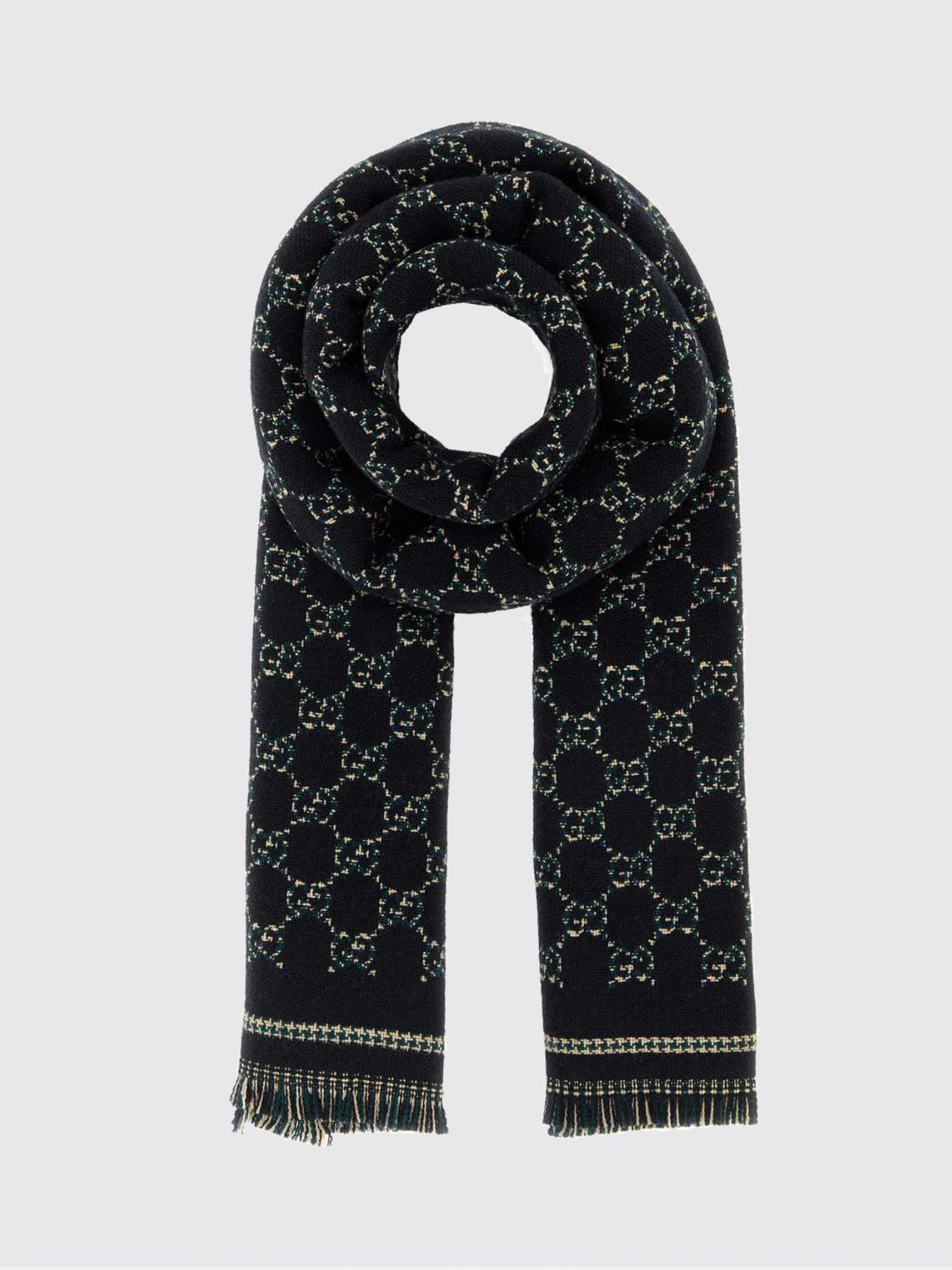Gucci Men All-Over Gg Motif Wool Scarf Gucci With Fringed Edges GUCCI