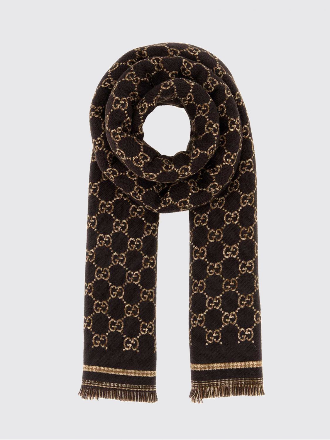 Gucci Men All-Over Gg Motif Wool Scarf Gucci With Fringed Edges GUCCI