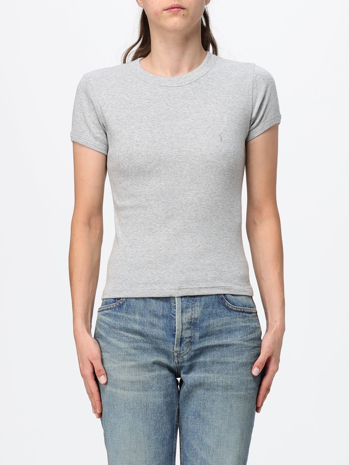 Saint Laurent Women Saint Laurent Slim Fit Cotton T-Shirt With Ysl Monogram SAINT LAURENT