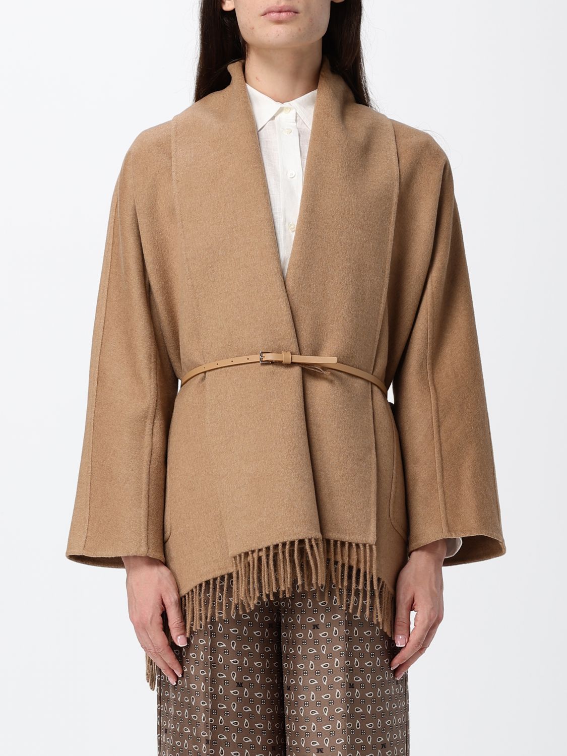 Max Mara Women Max Mara Short Pure Wool Cape With Shawl Collar And Fringes MAX MARA