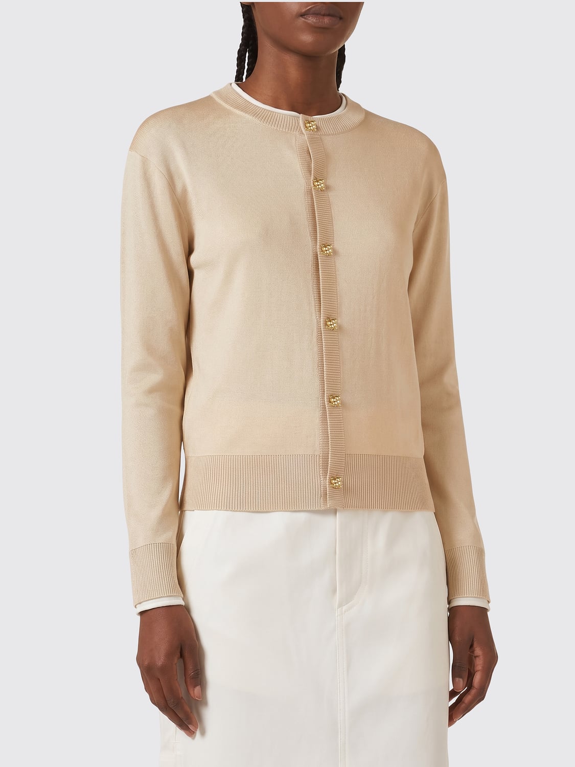 Bottega Veneta Women Bottega Veneta Crewneck 100% Silk Cardigan With Ribbed Trims BOTTEGA VENETA