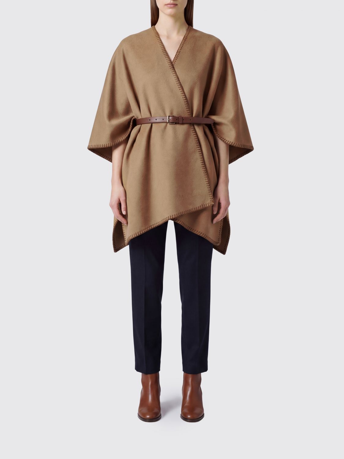 Max Mara Asymmetric Virgin Wool Cape With V-Neck And Adjustable Belt MAX MARA