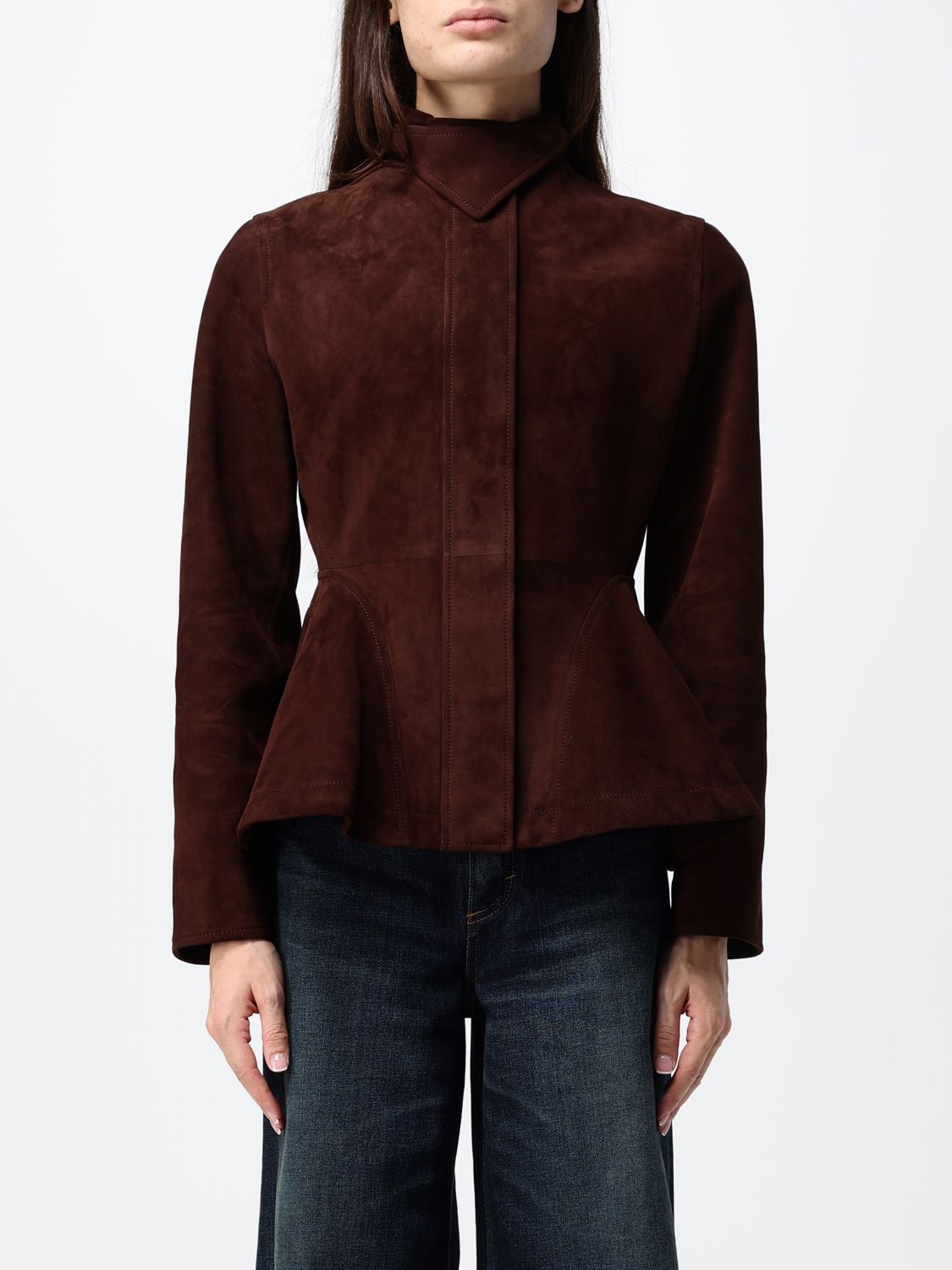 AlaiA Women Alaia Slim Fit Suede Leather Short Jacket With High Neck ALAIA